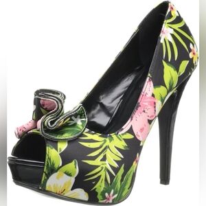 Black Floral Print Fabric Peep Toe Pin-Up Coutour Heels Lolita-11